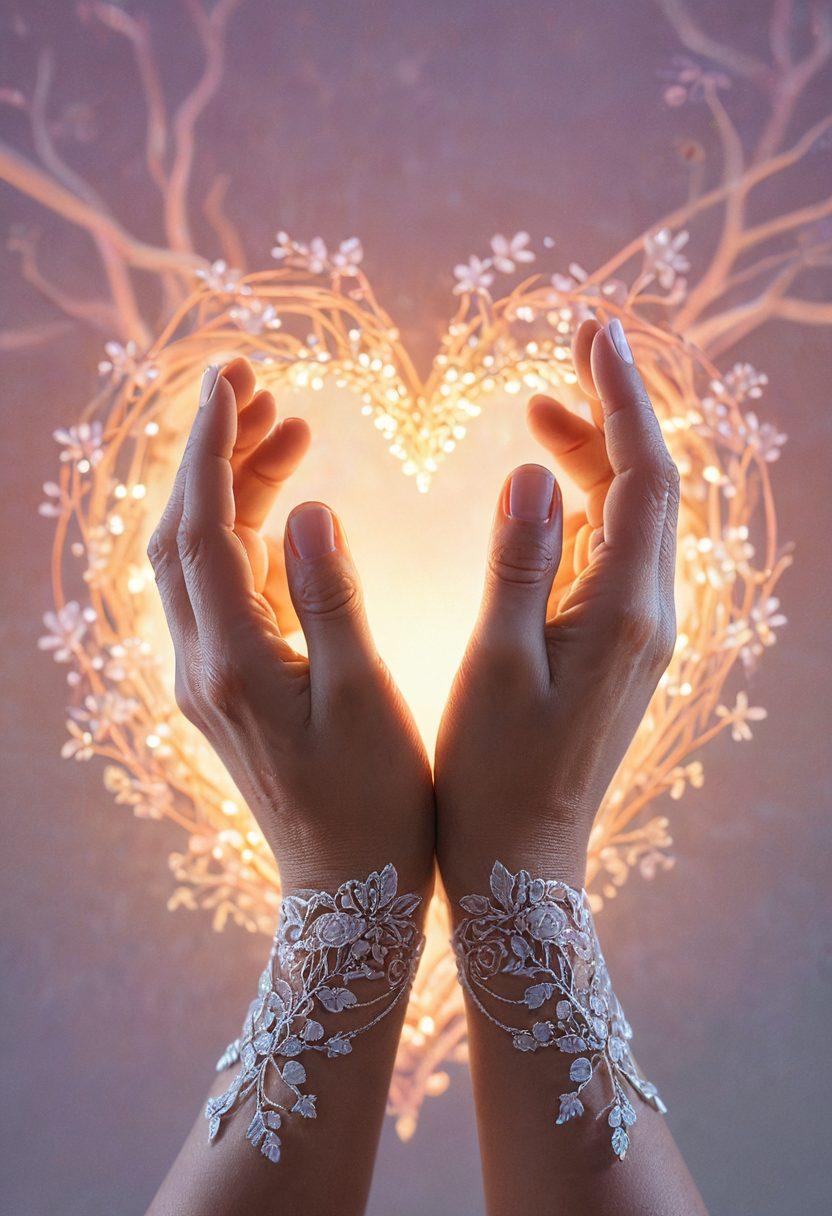 A close-up of intertwined hands symbolizing affection, with a soft glowing heart in the background, surrounded by gentle pastel colors, and subtle floral patterns representing passion. The ambiance should evoke warmth and connection, with soft lighting adding a dreamy quality. super-realistic. soft pastel colors. warm lighting.