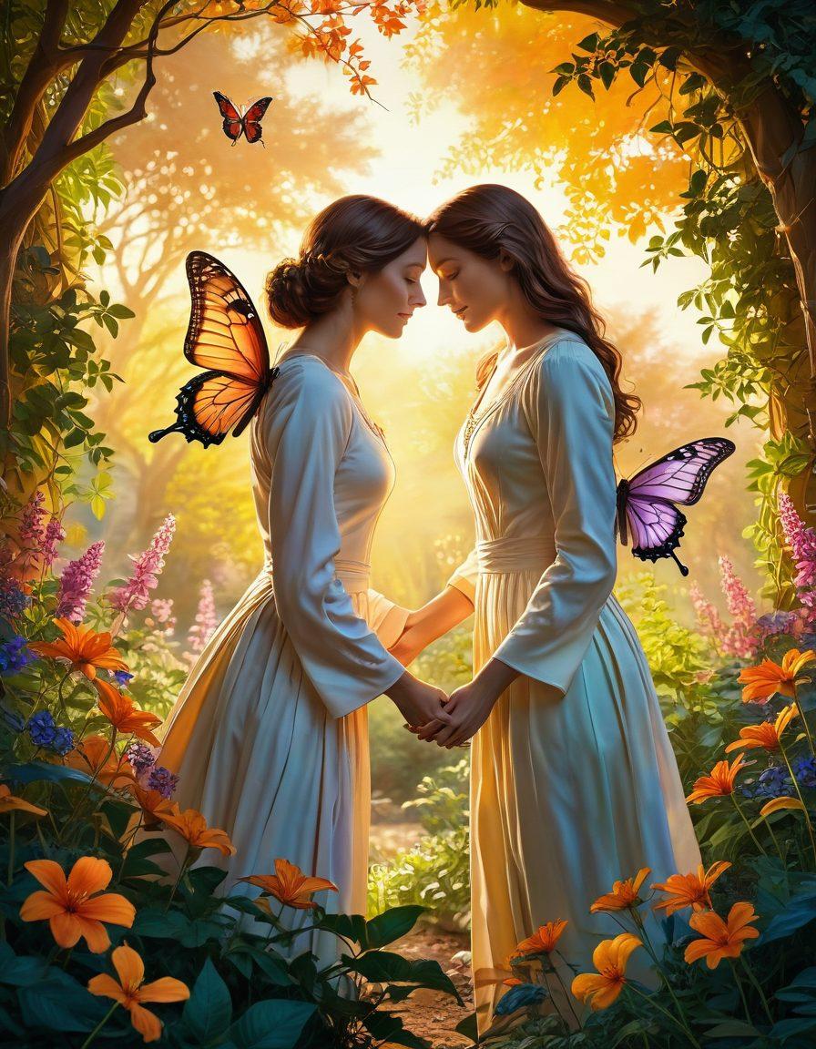 A serene and intimate scene illustrating two figures sharing a heartfelt moment in a lush garden filled with vibrant flowers, dappled sunlight and soft shadows creating an aura of love. Heart-shaped leaves entwined around their hands signify passion and connection, while gentle butterflies flutter around, symbolizing transformation and beauty in relationships. The background features a softly glowing sunset, enhancing the emotional warmth of the setting. super-realistic. vibrant colors. soft-focus.